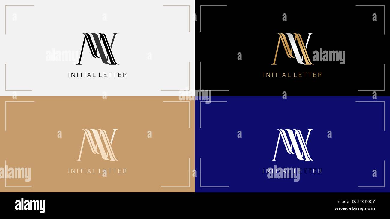 Set di illustrazioni vettoriali con elegante logo MV monogramma di lusso nei colori nero, oro e blu per biglietti da visita, campagne pubblicitarie di branding, letterpress Illustrazione Vettoriale