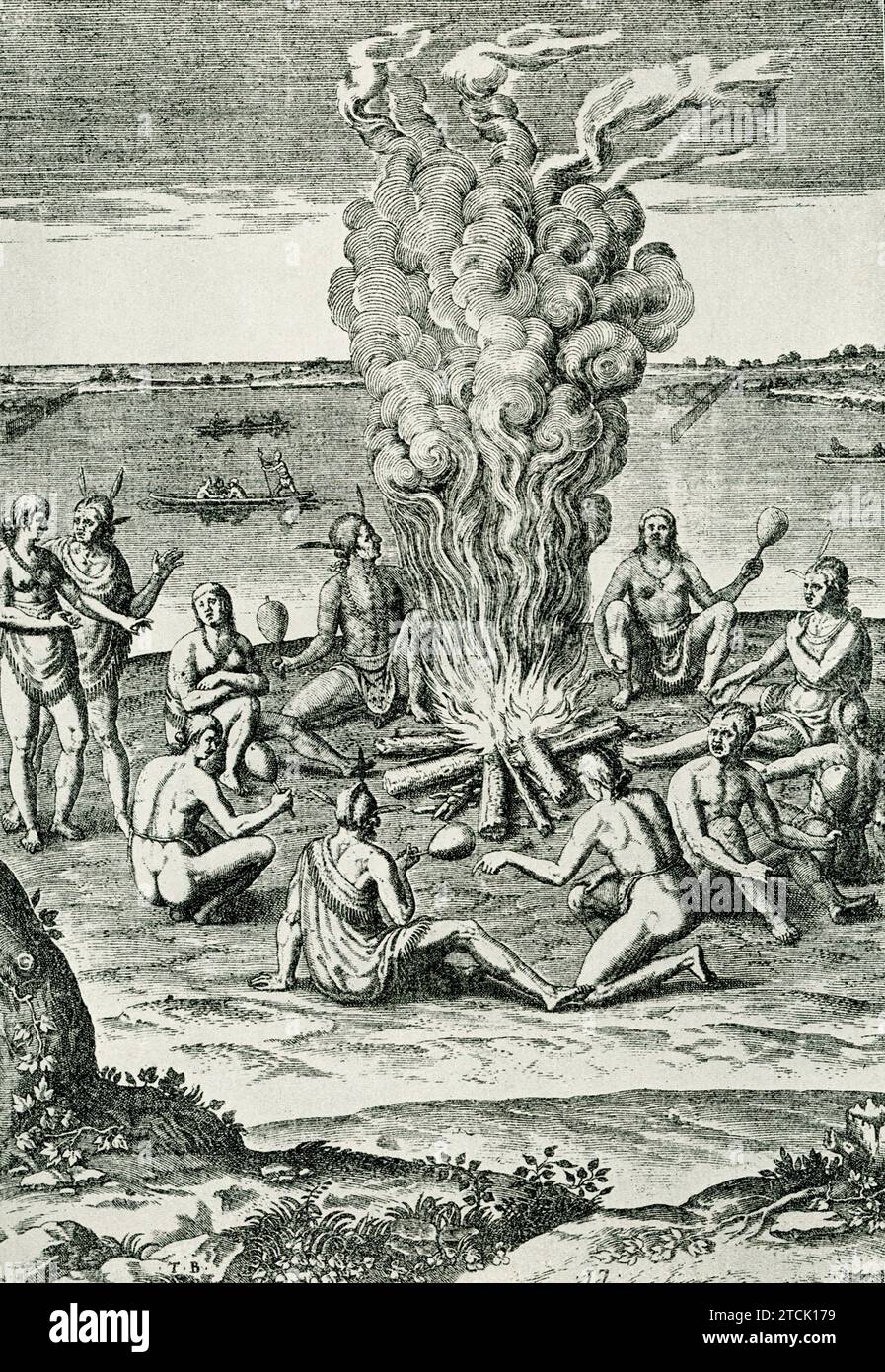 La didascalia di questa immagine recita: Popolazioni indigene della Virginia per il loro fuoco”. È tratto dal "Report of the New found Land of Virginia", pubblicato a Francoforte nel 1590. Foto Stock