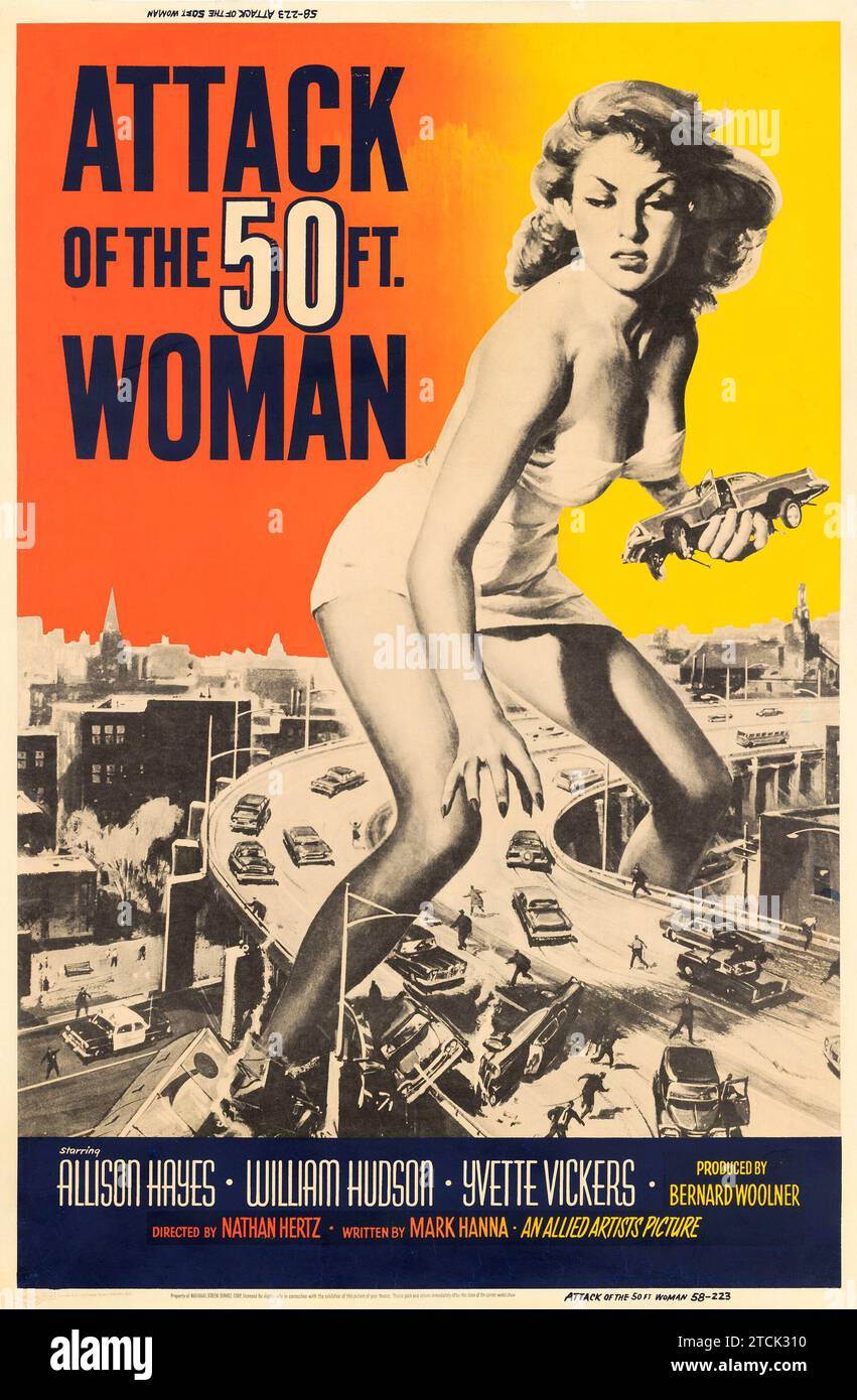 Attack of the 50 Foot Woman (Allied Artists, 1958). Poster di film d'epoca con Allison Hayes, William Hudson e Yvette Vickers. Film fantascientifico. Versione poster alternativa. Foto Stock