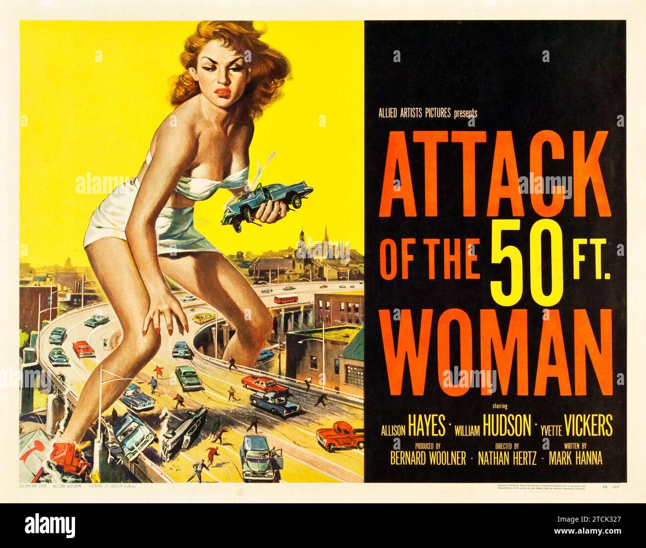 Attack of the 50 Foot Woman (Allied Artists, 1958). Poster di film vintage orizzontali con Allison Hayes, William Hudson e Yvette Vickers. Foto Stock