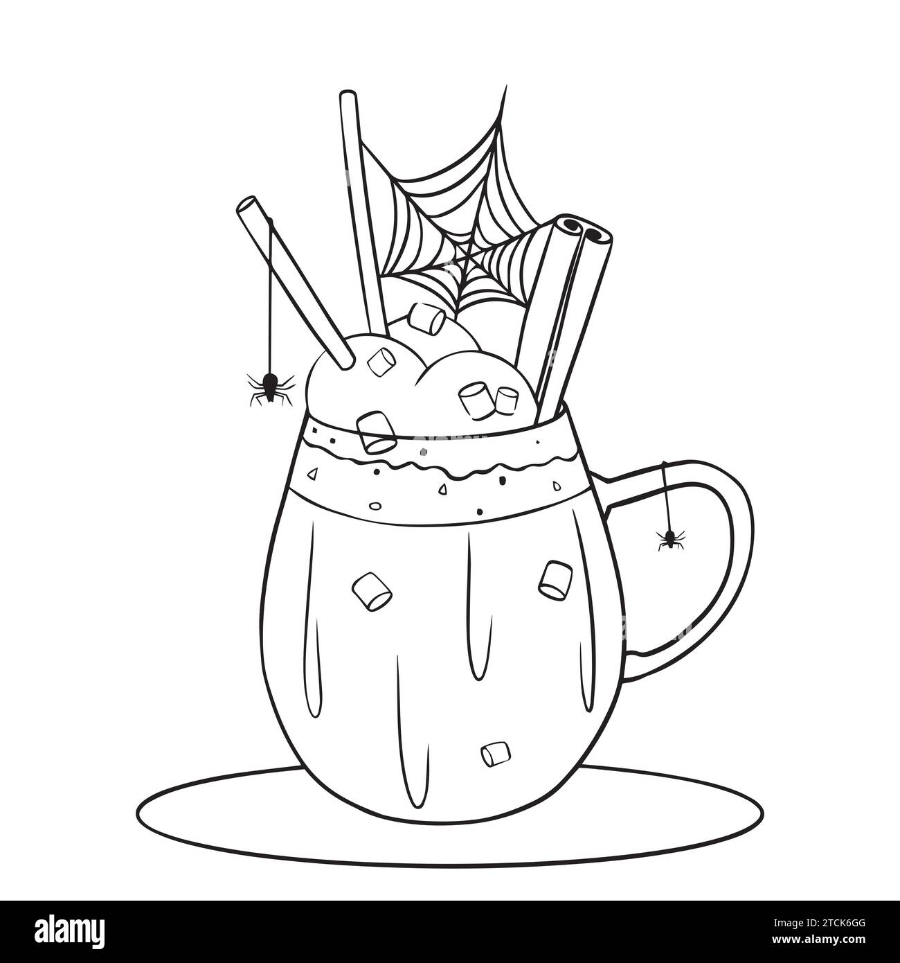 Tazza di caffè a latte dipinto per Halloween con ragno e cannella Illustrazione Vettoriale
