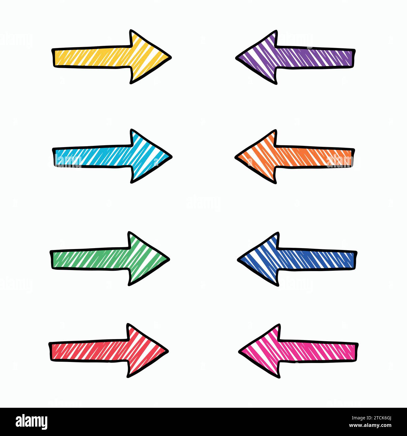 Otto frecce multicolore disegnate a mano e ombreggiate con una penna o un pennarello Illustrazione Vettoriale