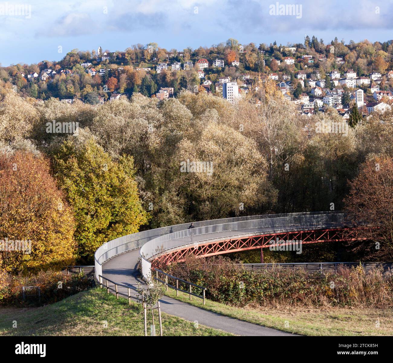 Ponte pedonale tra alberi autunnali. Una città su una collina in lontananza. Germania, Ravensburg Foto Stock