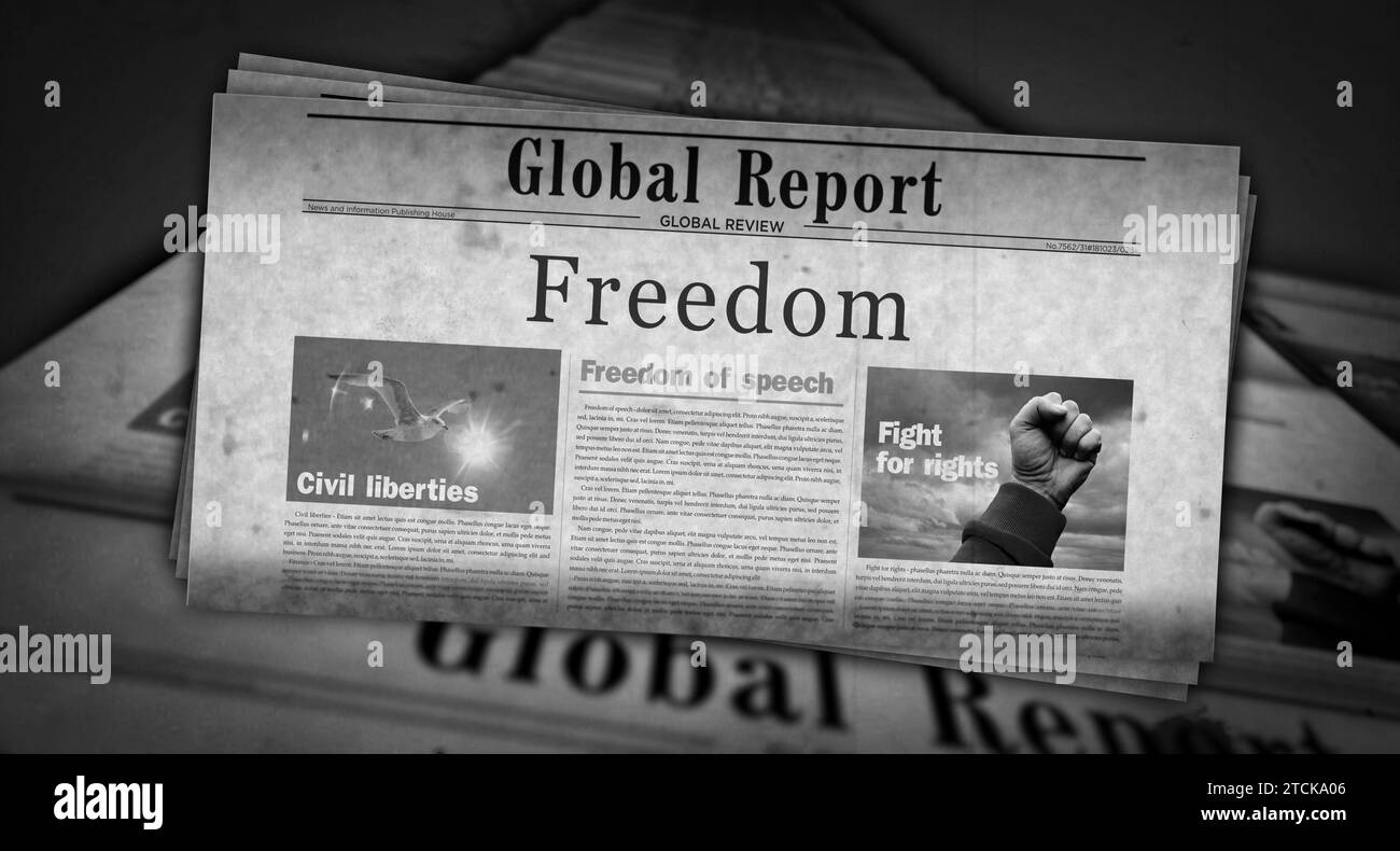 Libertà e libertà notizie vintage e stampa di giornali. Titolo retro concept astratto illustrazione 3D. Foto Stock