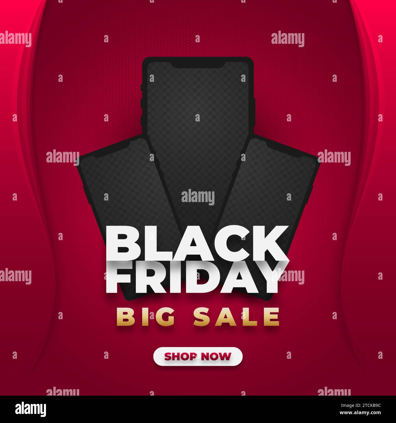 Banner promozionale Black Friday con smartphone nero su sfondo rosso Illustrazione Vettoriale