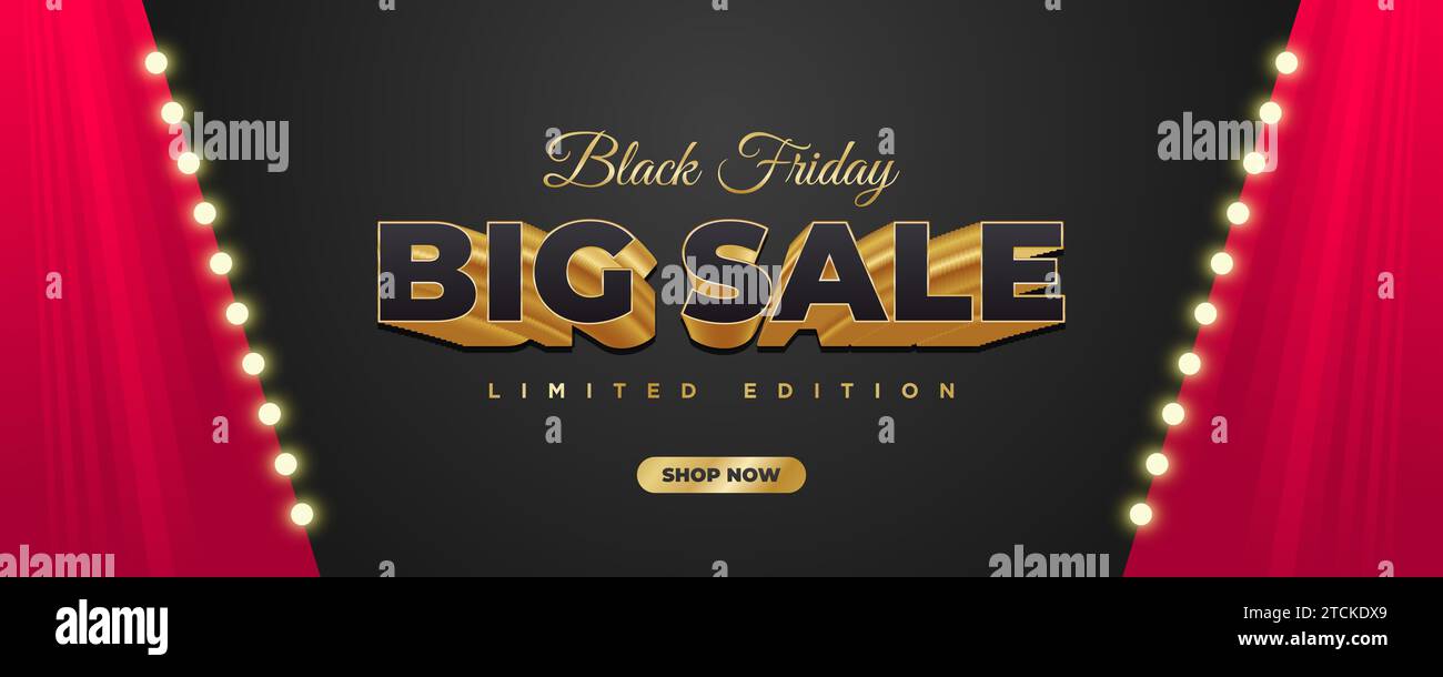 Modello banner Black Friday con testo 3d in nero e oro e luci accese Illustrazione Vettoriale