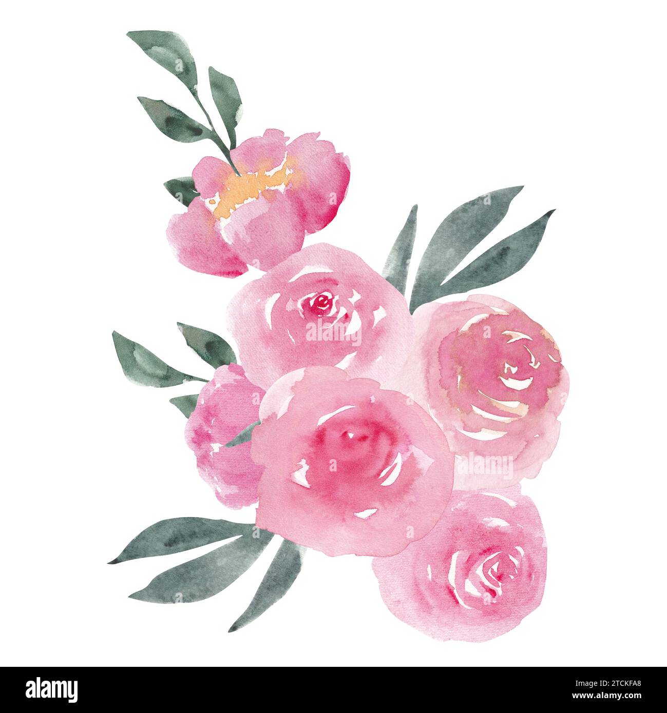 Rose di peonia rosa polverose con bouquet di foglie verdi isolate su sfondo bianco. Elegante clipart di design floreale ad acquerello dipinto a mano per g Foto Stock