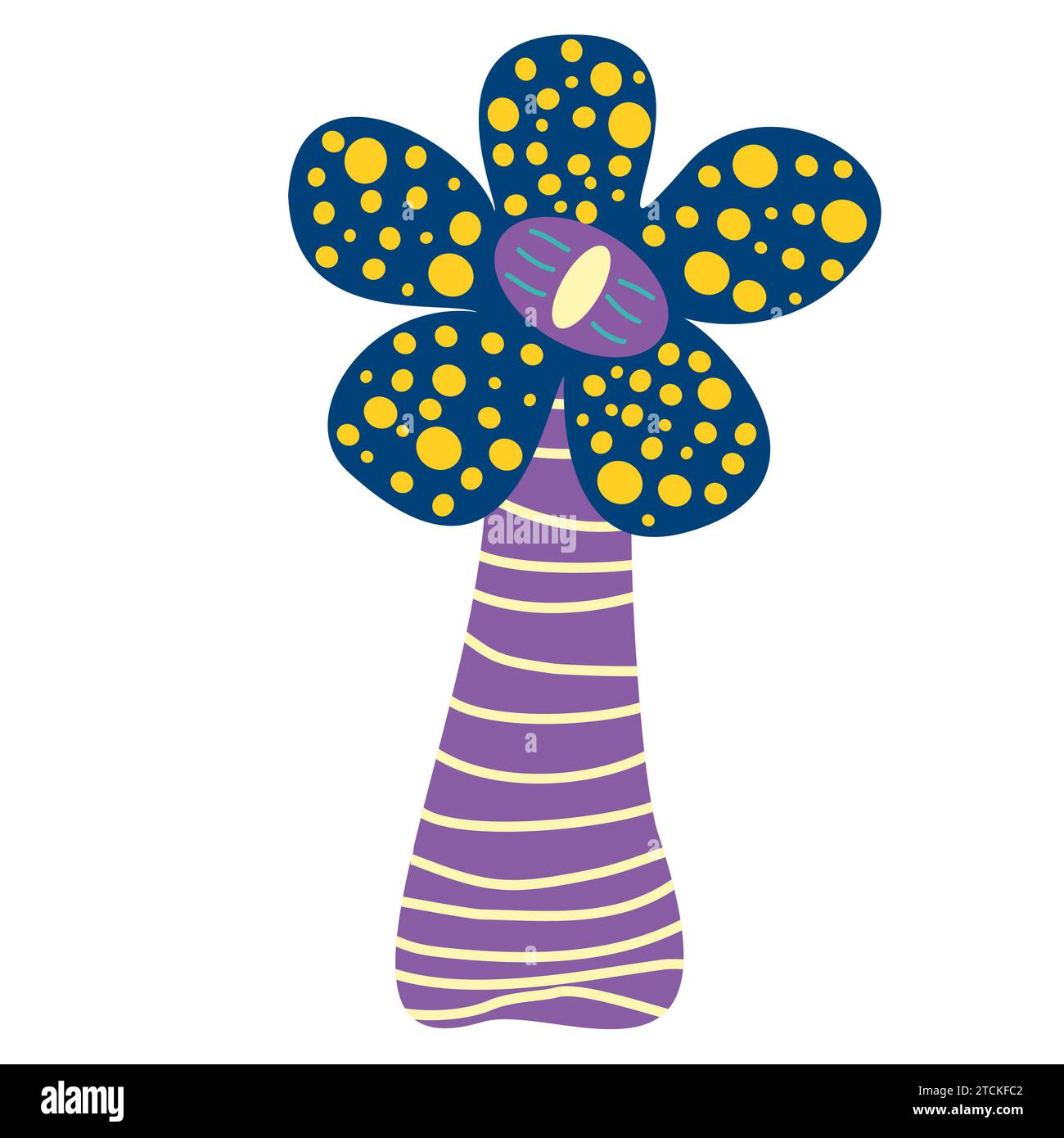 Fantasy Magic Flower fungo, cartone animato Fairy Plant. Funghi vettoriali insoliti con petali punteggiati e occhio. Elemento da favola per selvaggina, flora aliena, allucina Illustrazione Vettoriale