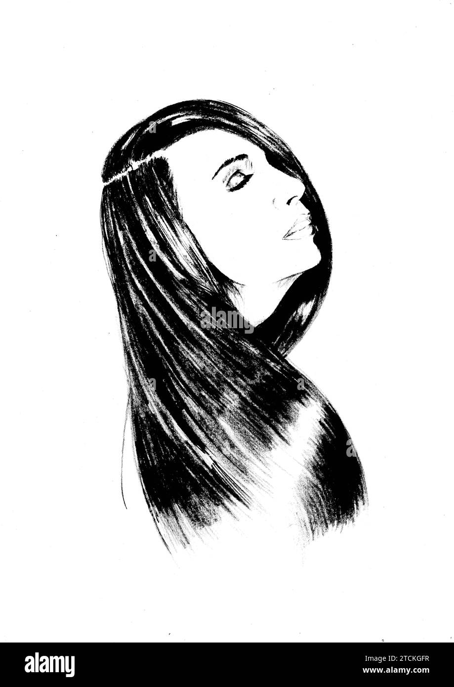 Incisione in bianco e nero della testa di una giovane donna. Foto Stock