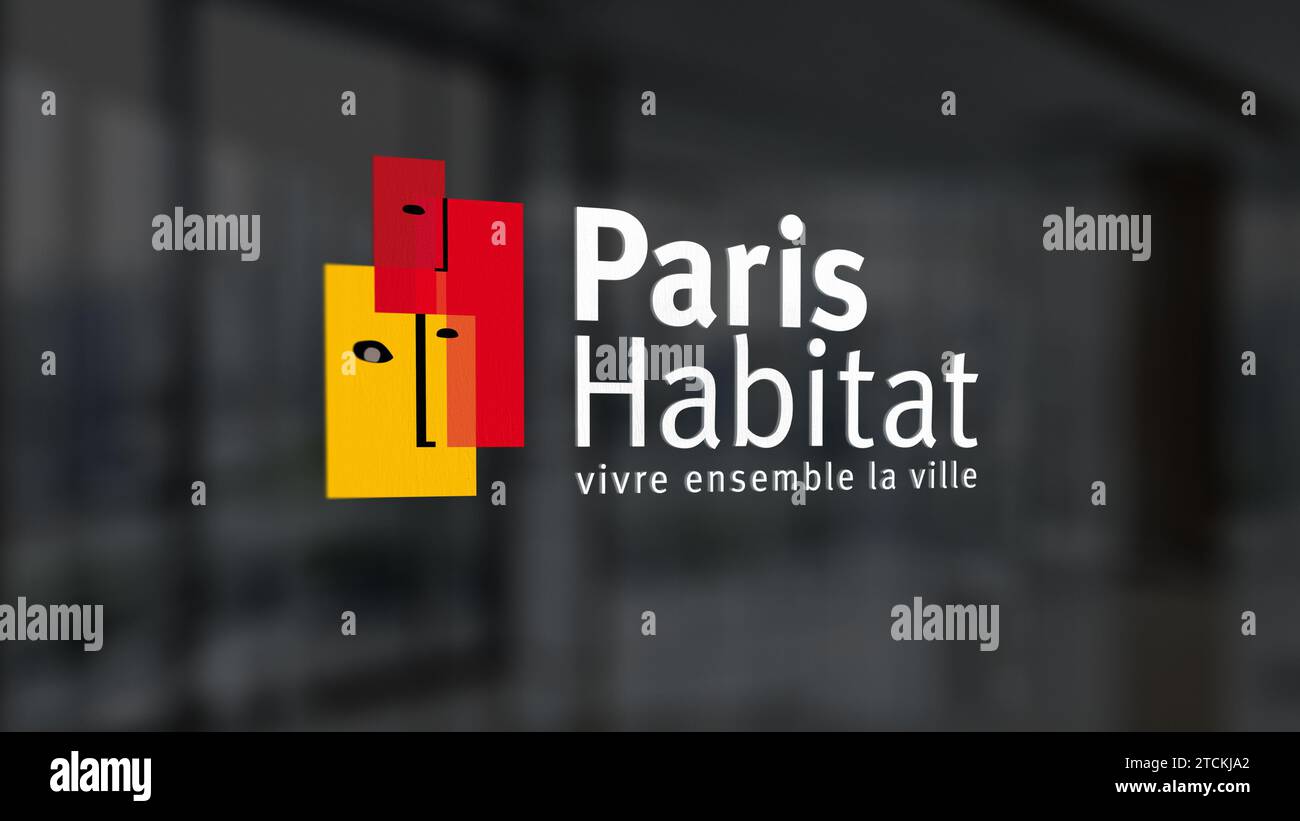 Dicembre 2023. Logo di Paris Habitat su una finestra. Testo francese: Vivi la città insieme Foto Stock