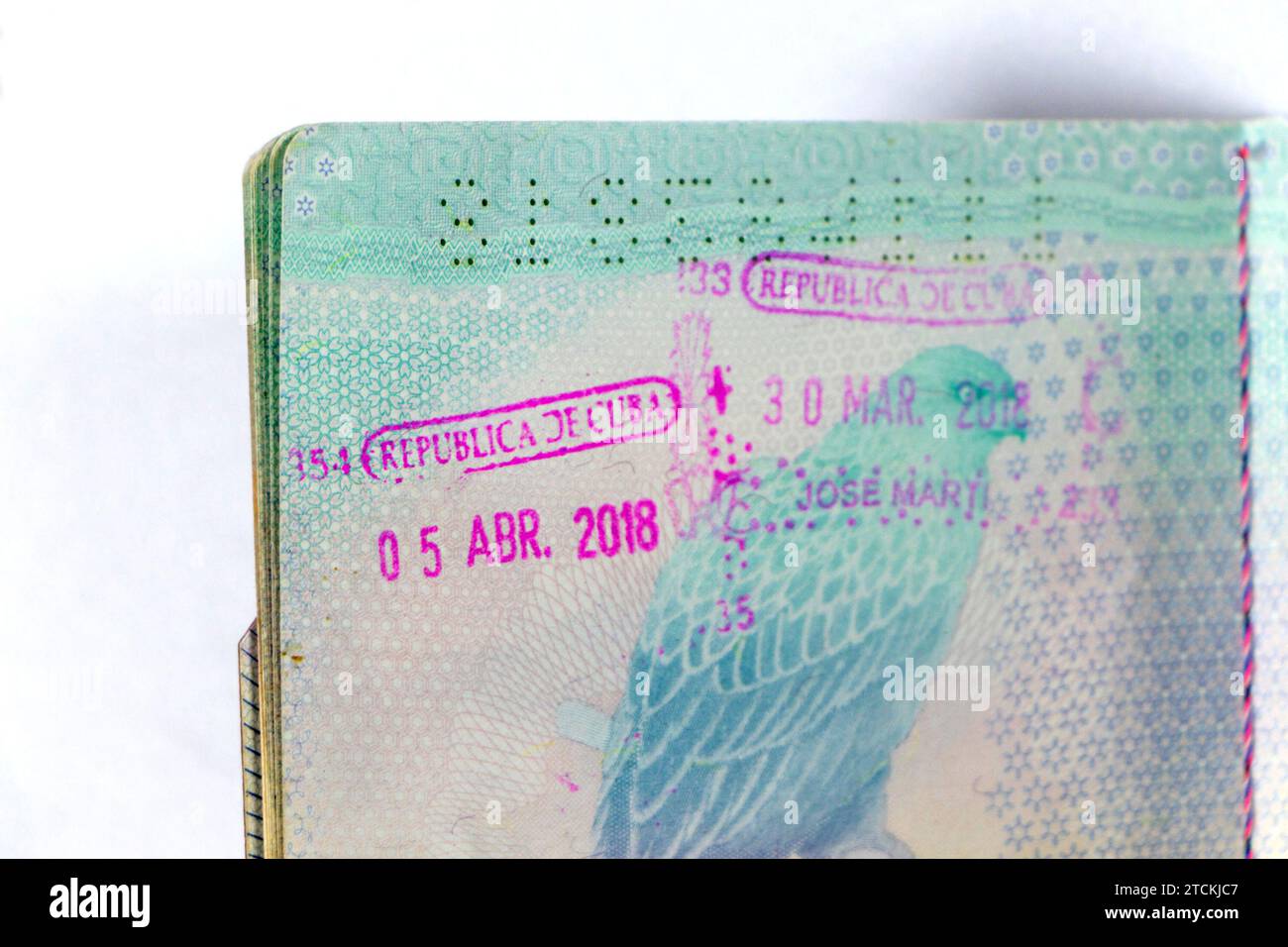 All'interno del vecchio passaporto UE con francobolli della repubblica di cuba isolati su sfondo bianco Foto Stock