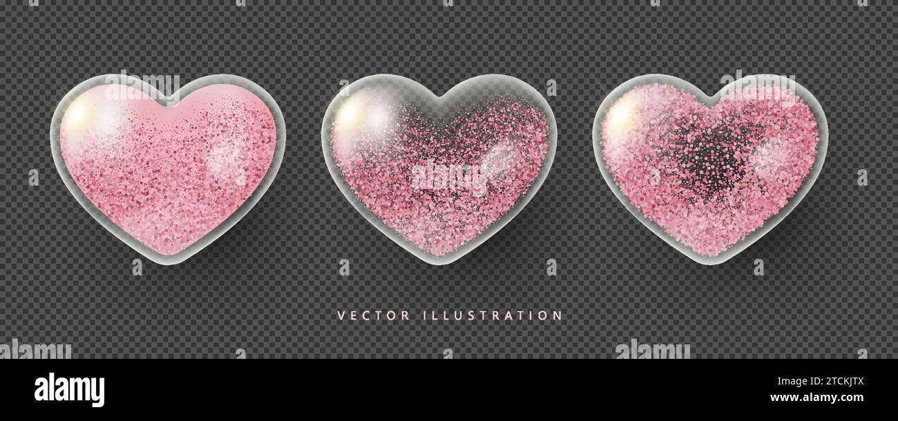 Cuori in vetro trasparente rosa realistico con glitter. Simbolo dell'amore, sii il mio San Valentino. Illustrazione vettoriale in stile 3D. Illustrazione Vettoriale