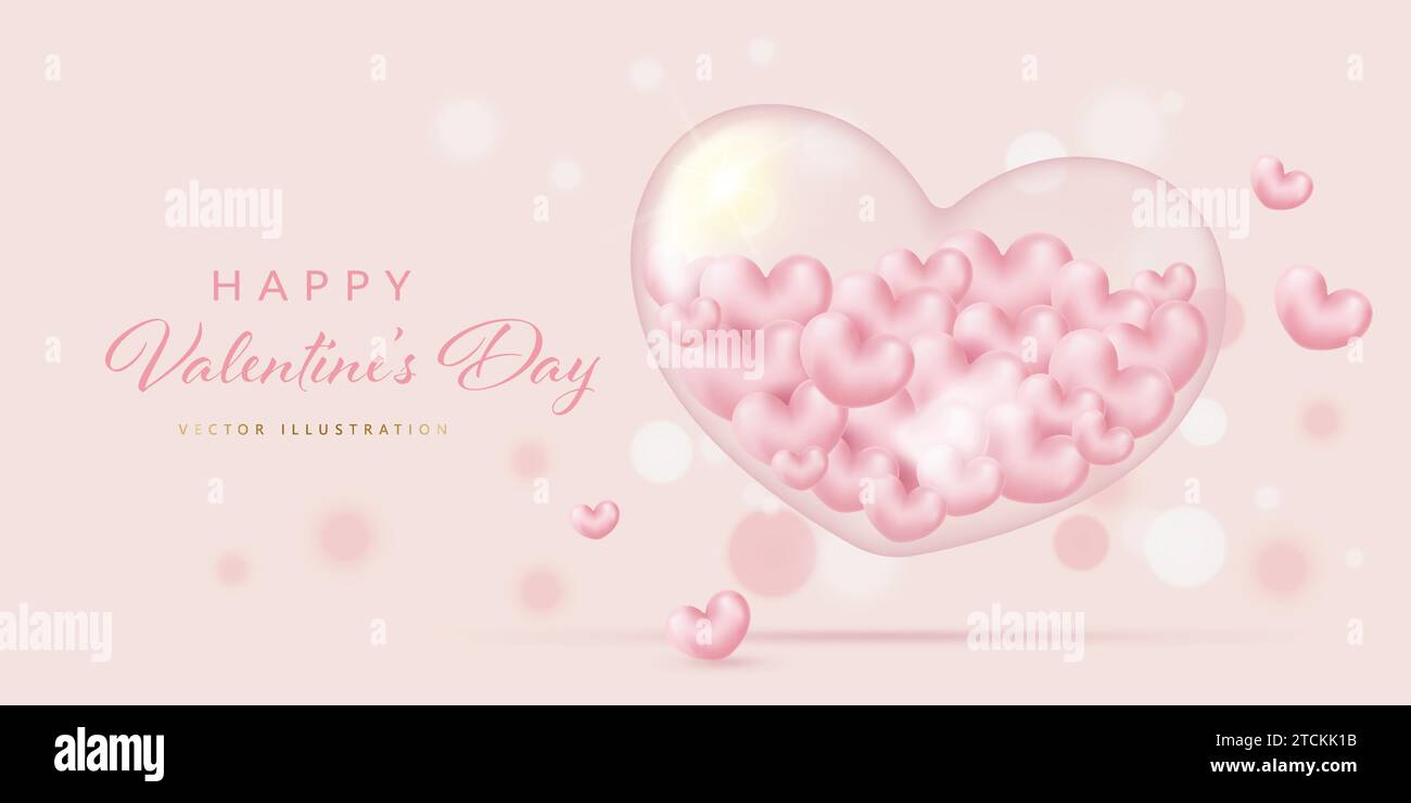 Elegante banner di San Valentino con cuore in vetro trasparente e piccoli cuori rosa all'interno. Illustrazione vettoriale Illustrazione Vettoriale