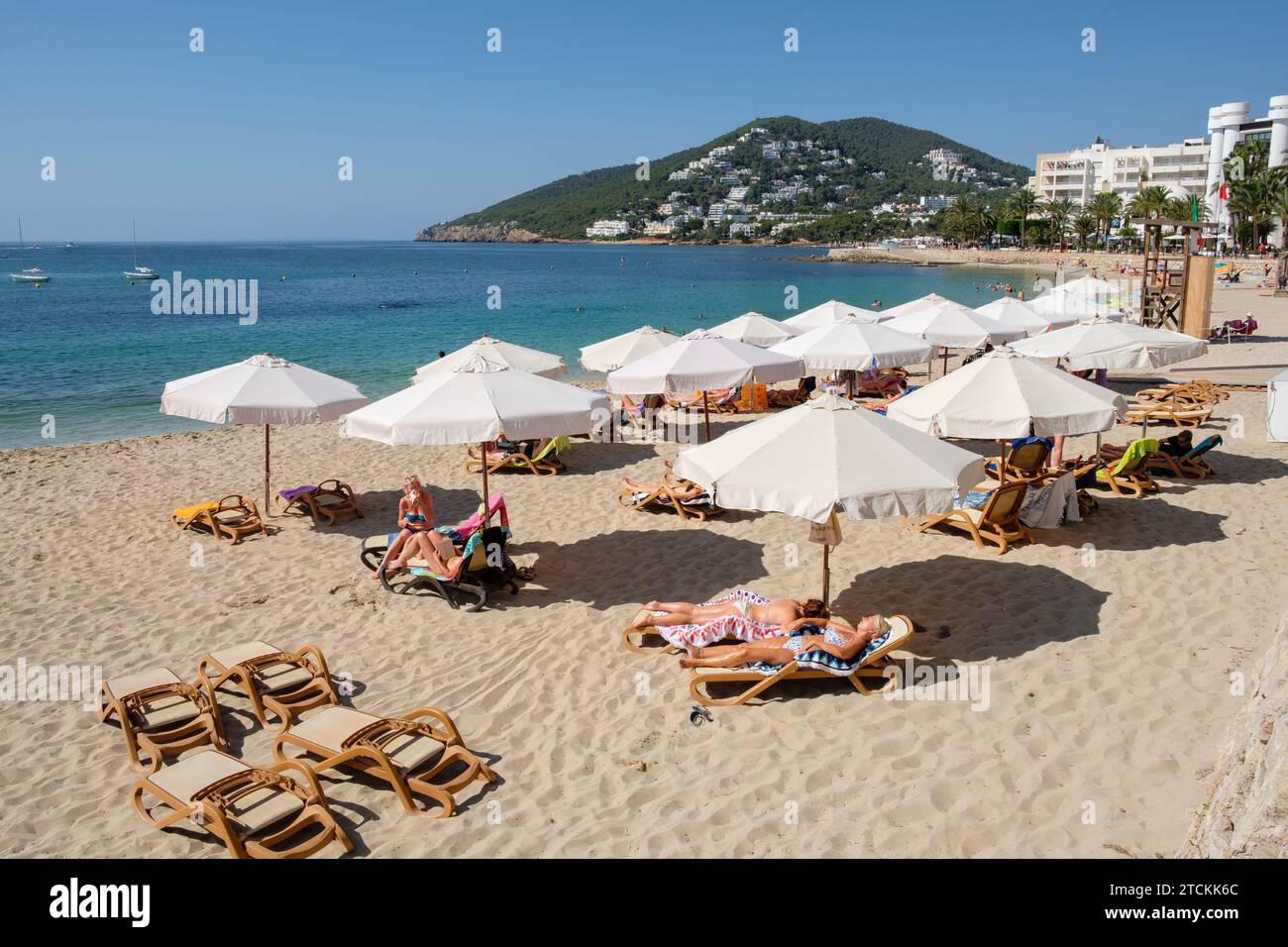 Playa Santa Eulària des Riu, Ibiza, isole Baleari, Spagna Foto Stock