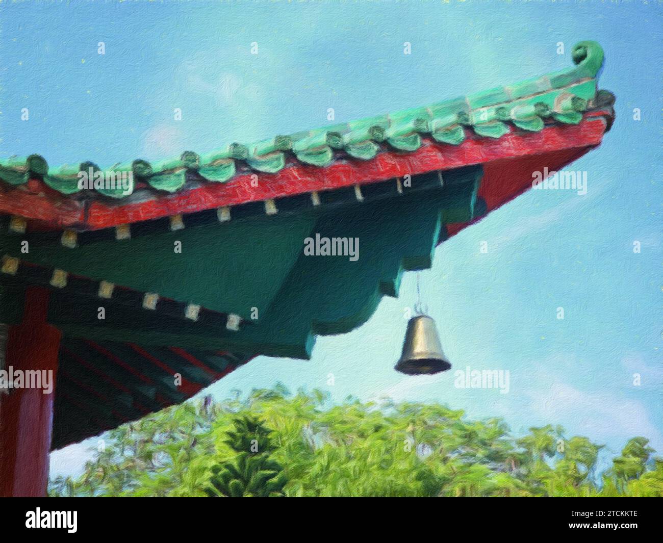 Pittura ad olio digitale da una foto di una campana marrone appesa su un tempio cinese rosso e verde con cielo blu come sfondo da Hong Kong. Foto Stock