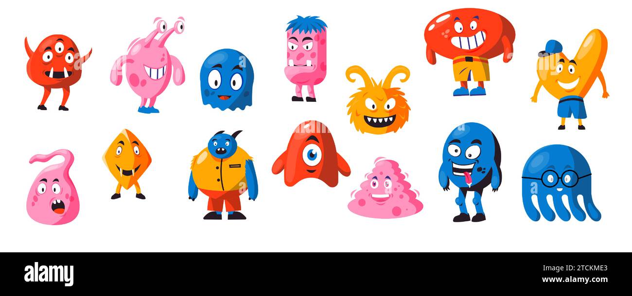 Divertenti forme di mostro. Simpatici e astratti volti mostri con emozioni diverse, stravaganti personaggi per bambini con volti e corpi distorti. Vettore isolato Illustrazione Vettoriale