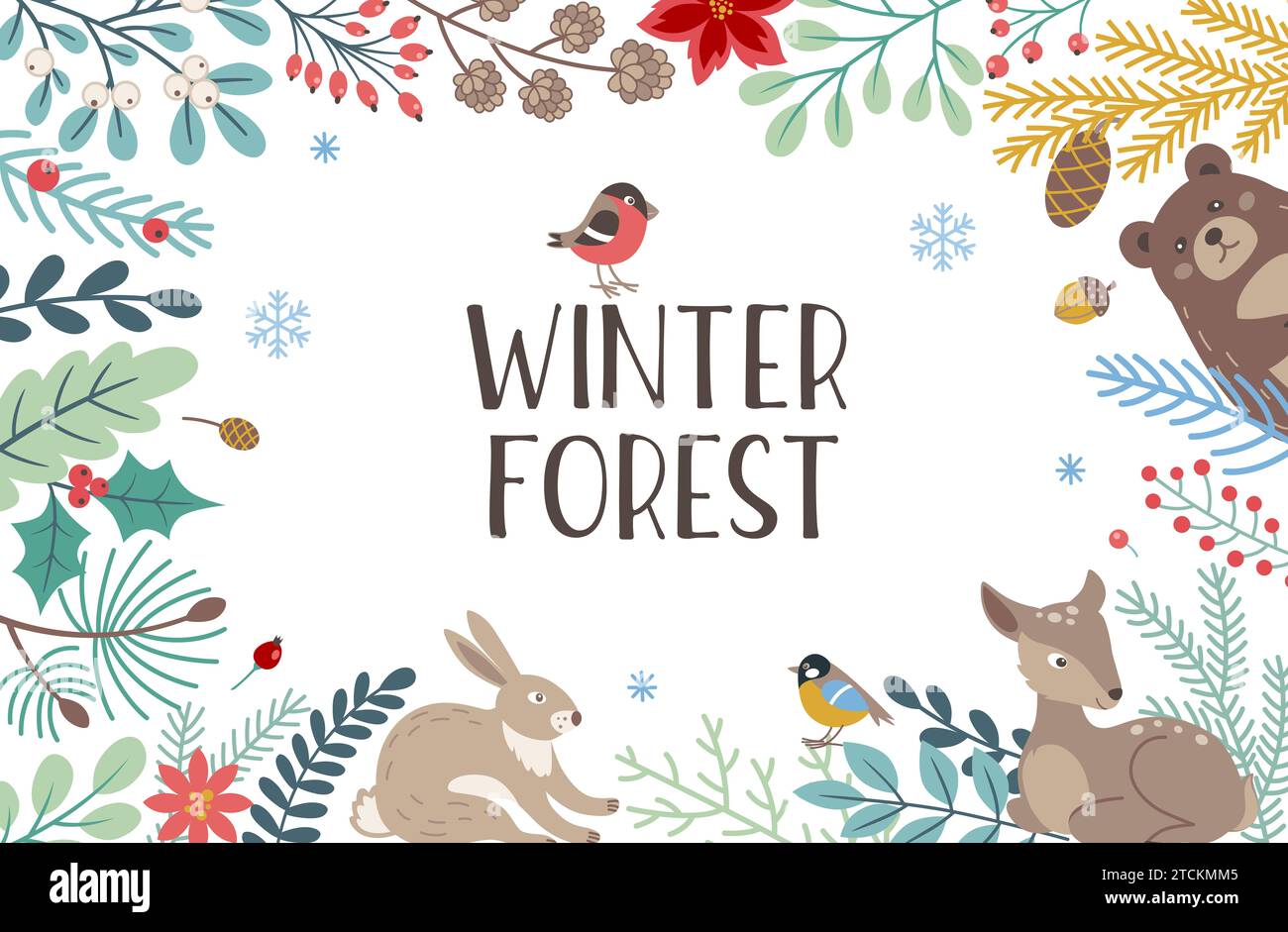 Sfondo invernale decorativo con piante sempreverdi, cervi, orsi e scritte su sfondo bianco. Design per Natale e Capodanno. Foto Stock