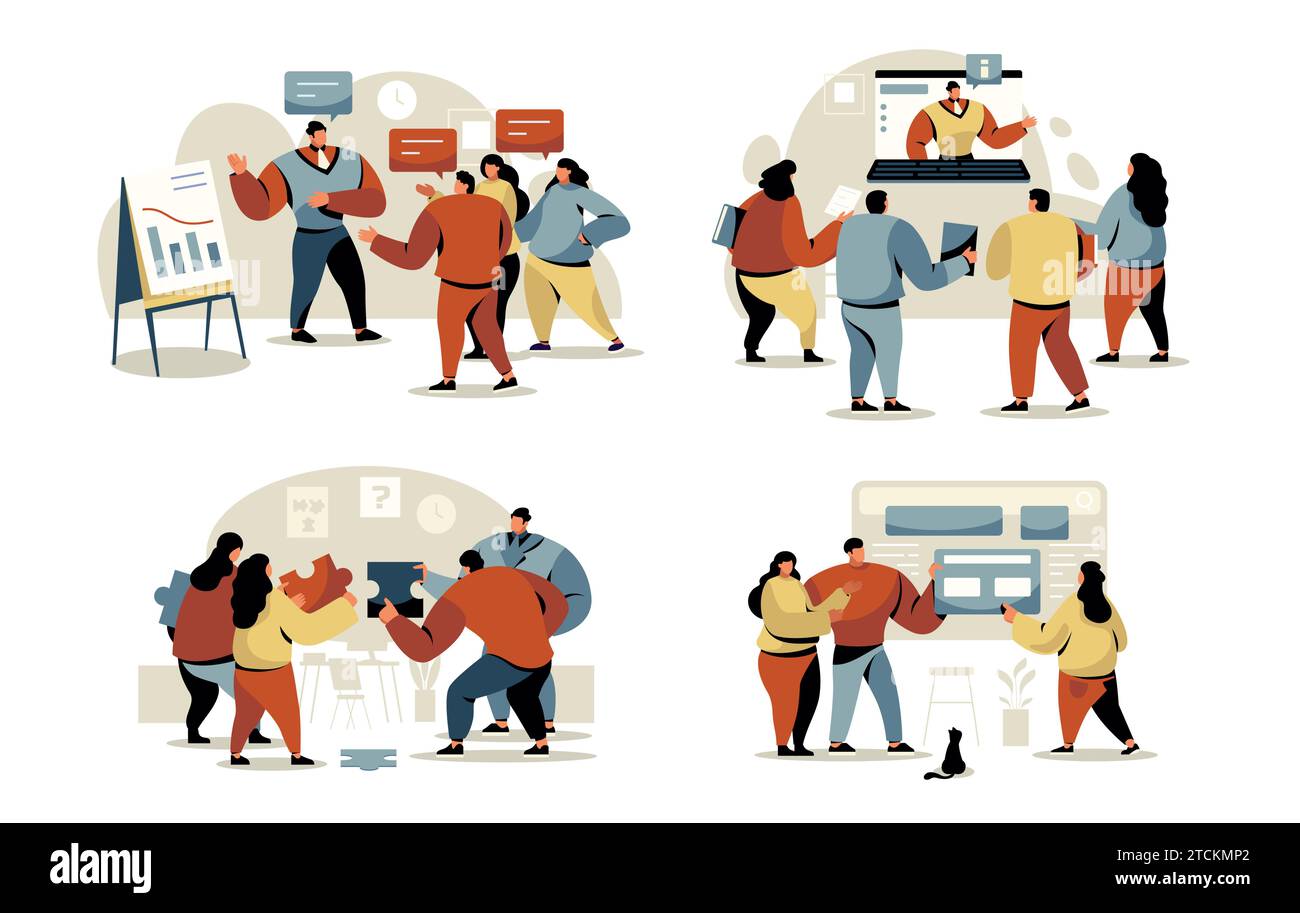 Team che lavorano al progetto. Personaggi dei cartoni animati che lavorano insieme su attività creative, gruppo di amici che lavorano insieme su una nuova idea di business. Insieme di vettori Illustrazione Vettoriale