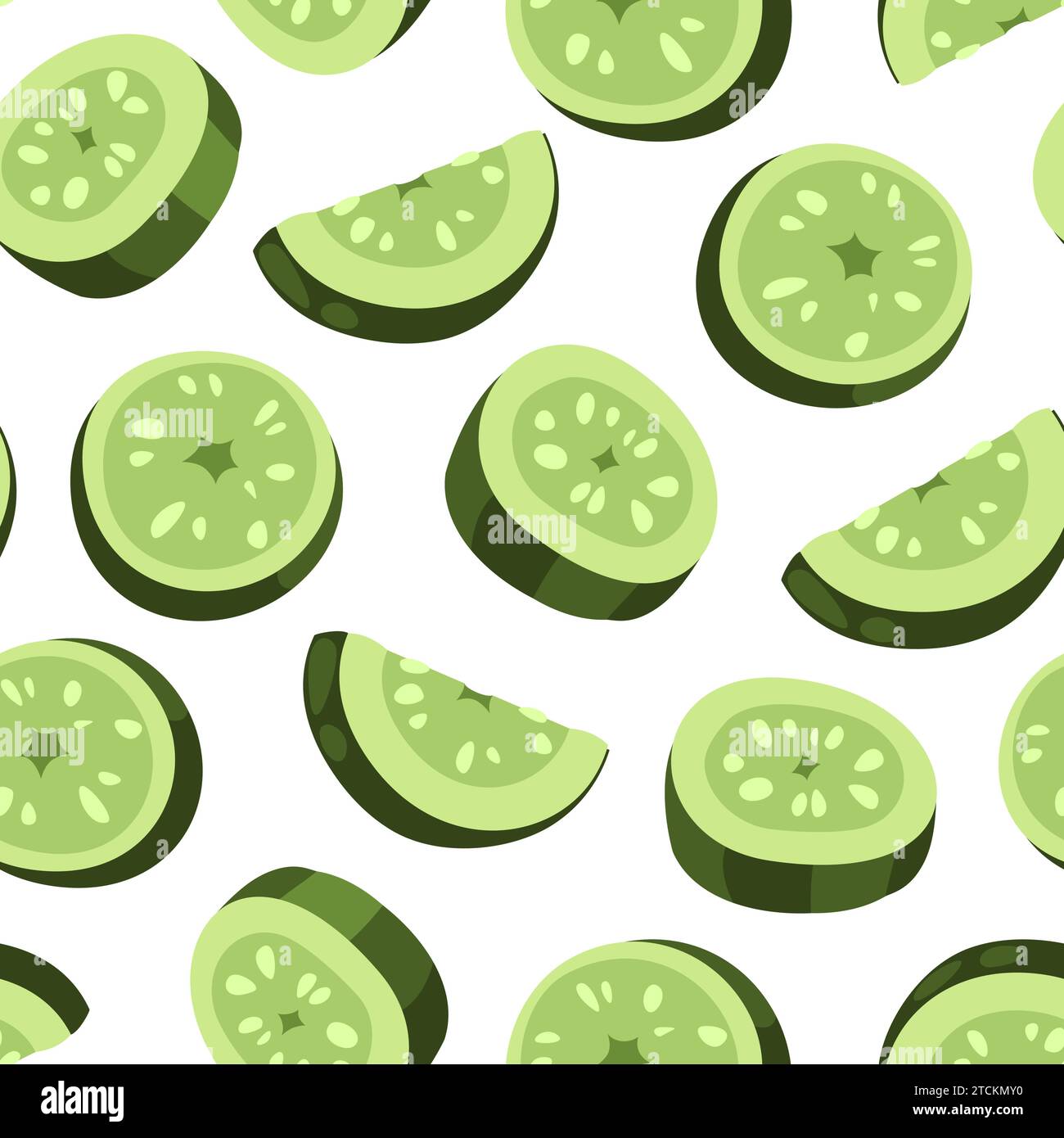 Pattern di fette di cetriolo. Stampa senza cuciture di verdure verdi fresche per una dieta sana, confezioni di frullati e carta da imballaggio. Trama vettoriale Illustrazione Vettoriale