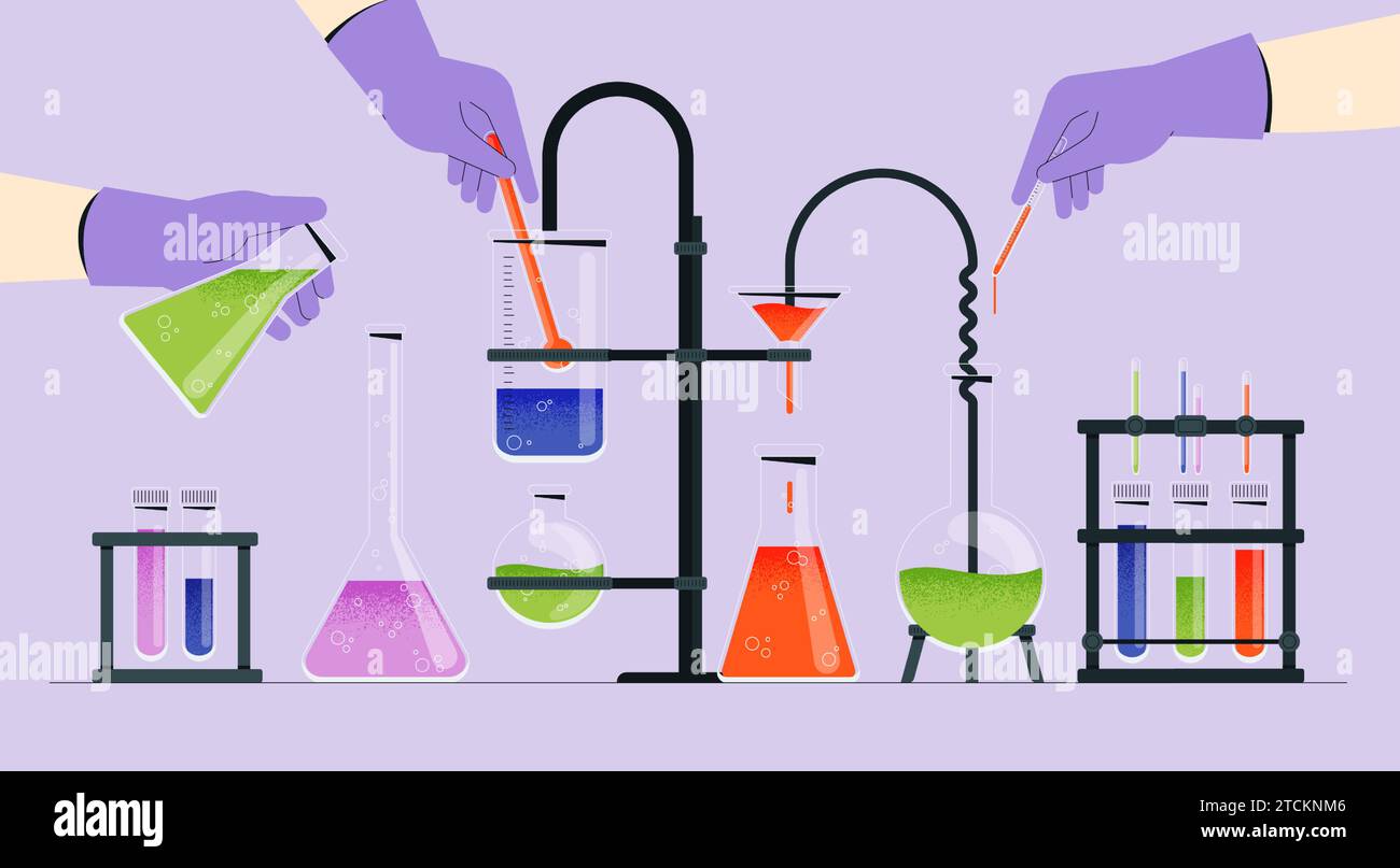 Apparecchiature per laboratori chimici. Strumenti e reagenti chimici, ricerca chimica e processo di sperimentazione biologica. Serie piatta vettoriale Illustrazione Vettoriale
