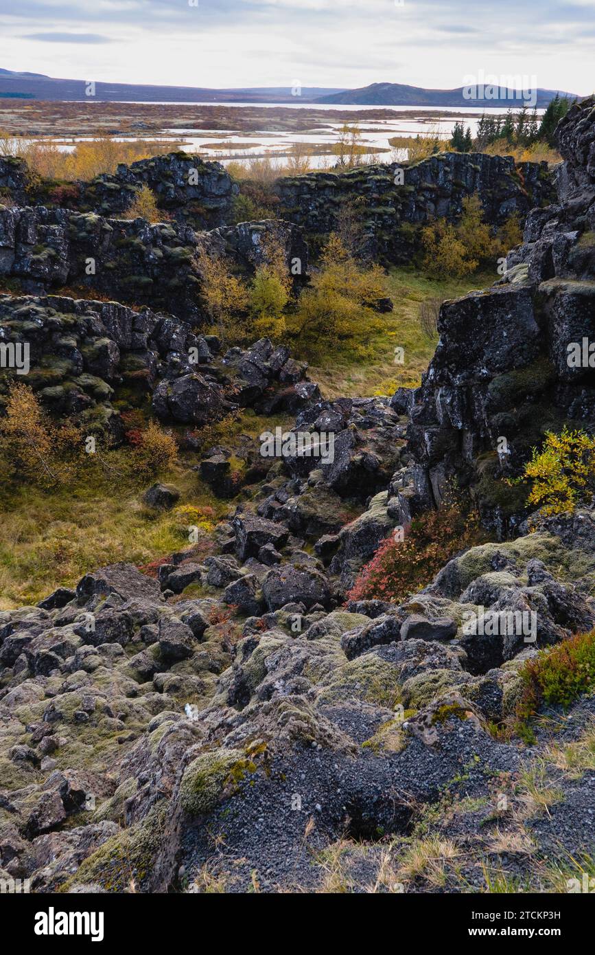 Islanda, Circolo d'Oro, Parco Nazionale di Thingvellir nei colori autunnali. Il Rift medio-Atlantico tra le placche tettoniche nordamericane ed eurasiatiche. Fessure nel paesaggio con il lago Thingvallavtn in lontananza sulla dorsale di Reykjares nella Rift Valley. Foto Stock