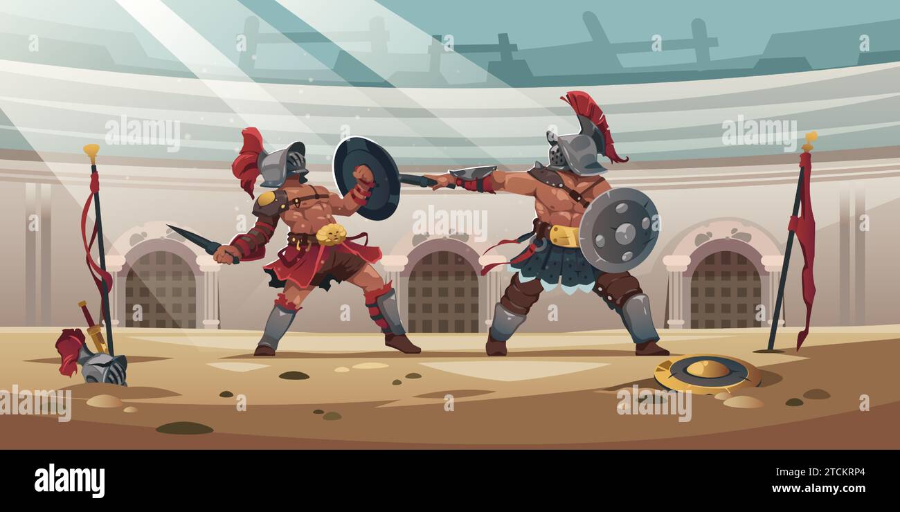 Gladiatori al coliseum. Antichi personaggi guerrieri romani nell'arena, gladiatori antichi con scudi e armi da combattimento. Illustrazione vettoriale Illustrazione Vettoriale