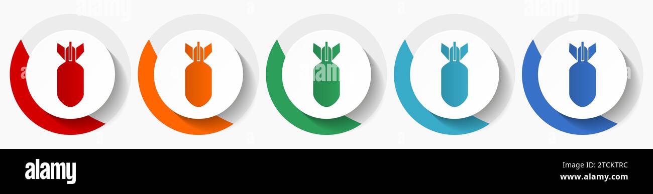 Bombe, guerra, militari, set di icone vettoriali di armi, icone piatte in 5 colori per il design del logo, il web design e le applicazioni mobili, pulsanti rotondi colorati Illustrazione Vettoriale