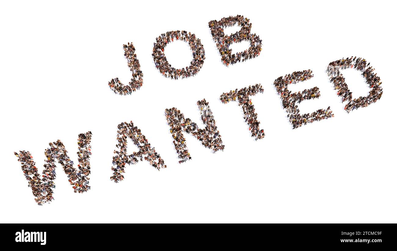 Concettuale grande comunità di persone che formano LAVORO VOLUTO messaggio. 3d metafora illustrativa per il lavoro, le risorse umane, l'occupazione, il reclutamento Foto Stock