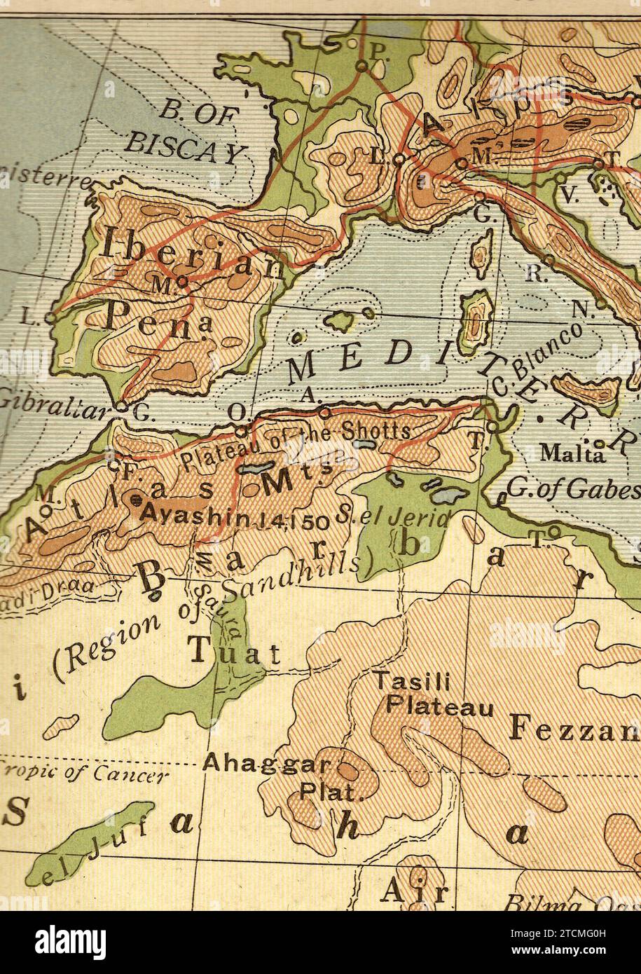 Mappa geografica d'epoca in seppia che mostra l'Europa e l'Africa. Foto Stock