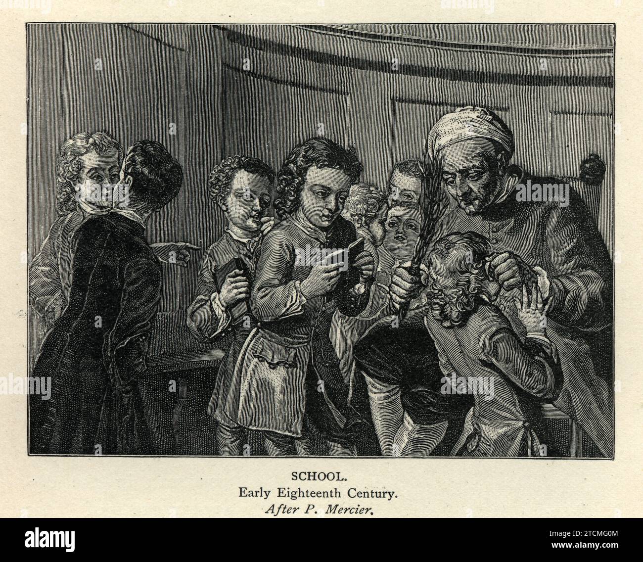 Educazione di storia 18th Century School, insegnante che disciplina un bambino, betulla, verga di betulla, punizione corporale Foto Stock