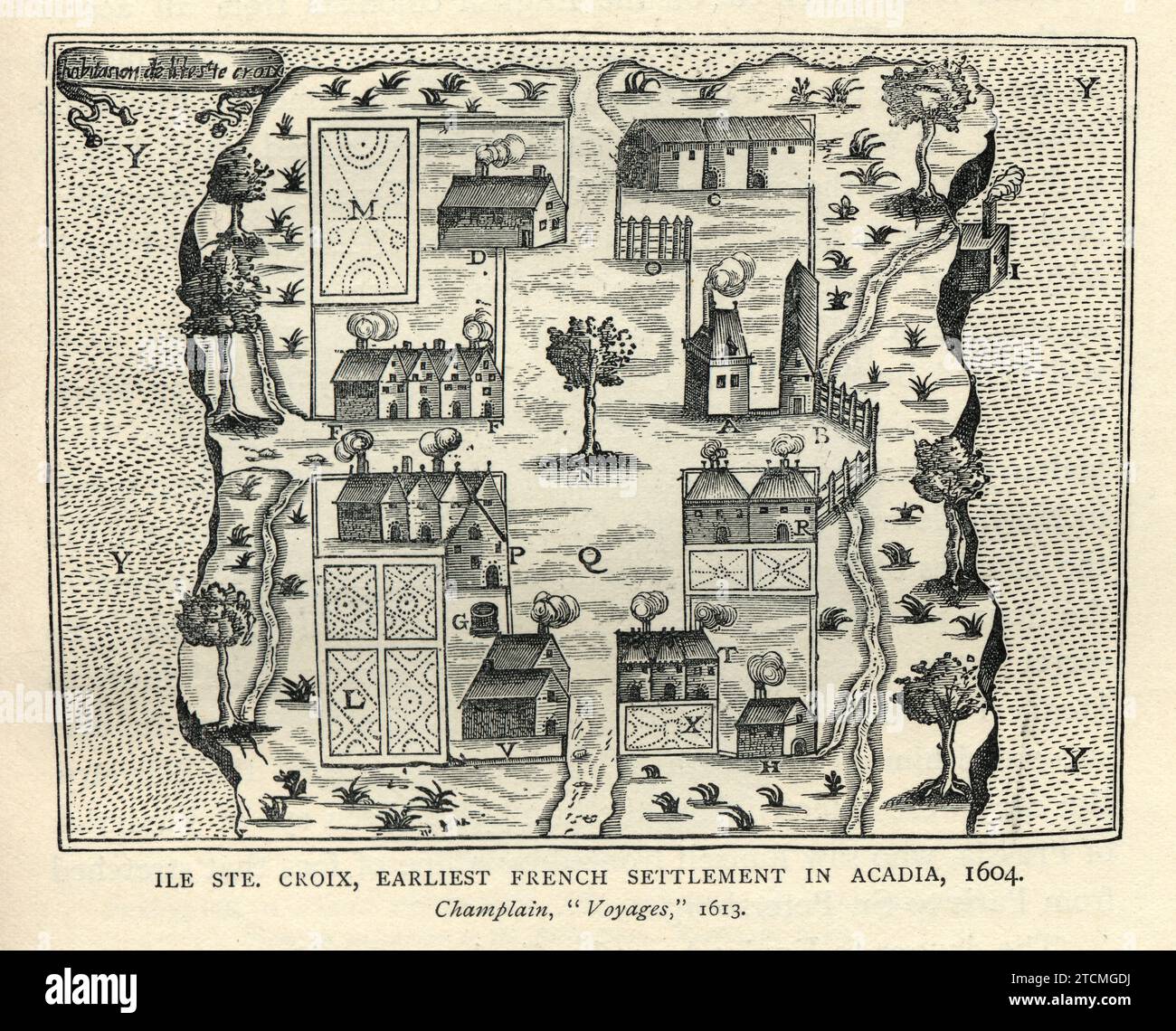 Mappa di Saint Croix Island, Maine, Ile Ste. Croix insediamento francese ad Acadia, 1604 Foto Stock