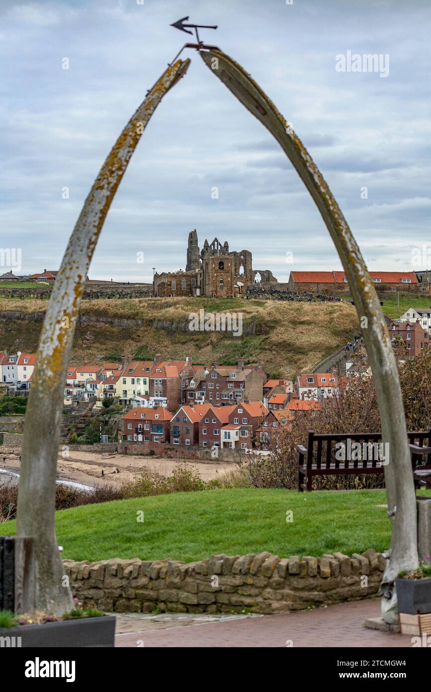 Vista delle rovine dell'abbazia di Whitby attraverso l'arco delle balene, nel North Yorkshire Foto Stock