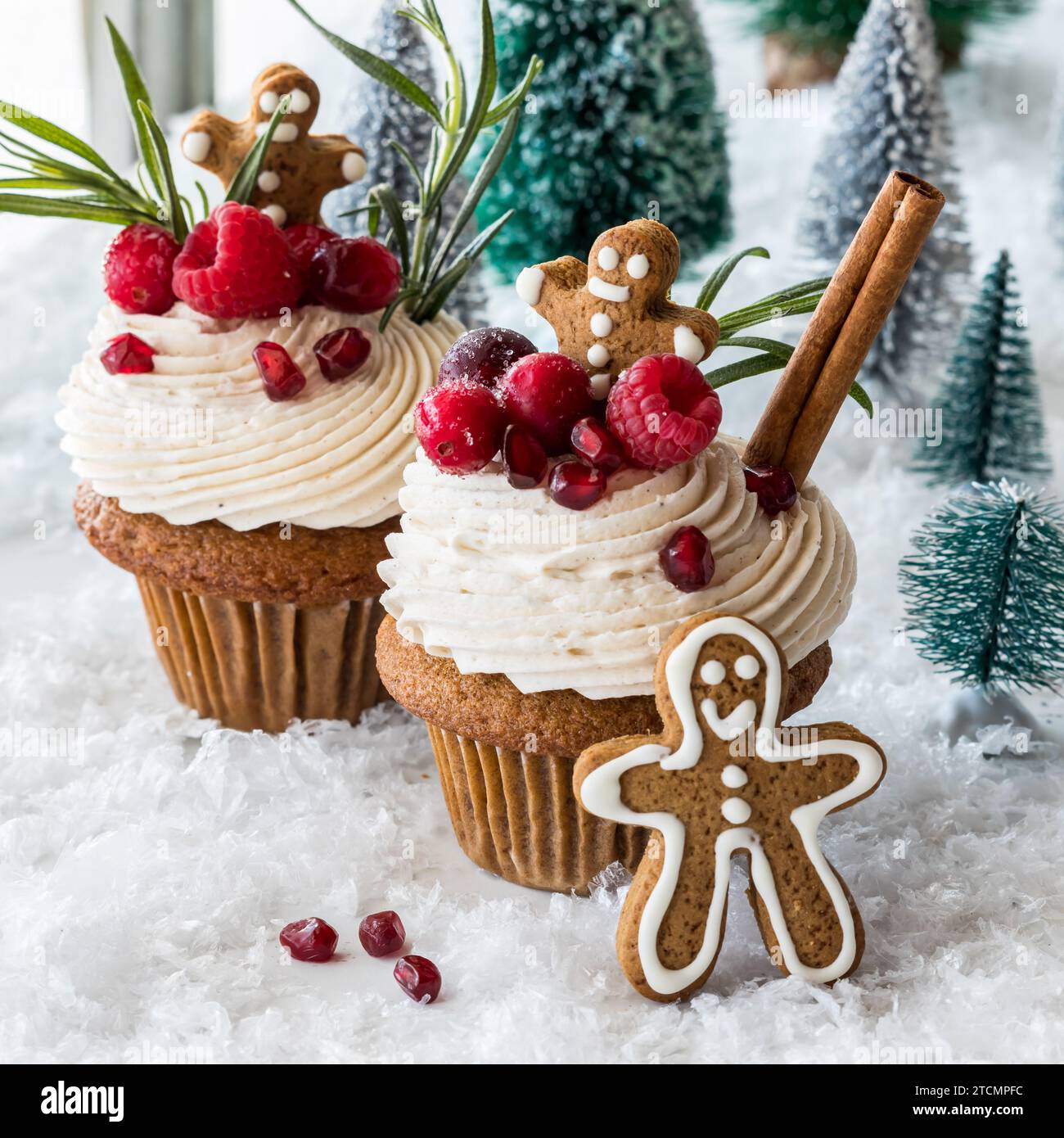 Cupcake di pan di zenzero con glassa alla crema decorati con frutti di bosco ed erbe aromatiche. Foto Stock