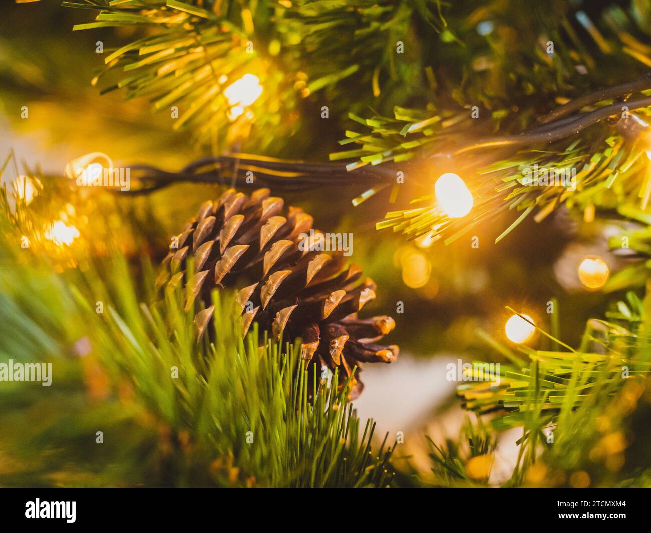 Un albero di Natale natalizio con più coni di pino illuminati da luci accese Foto Stock