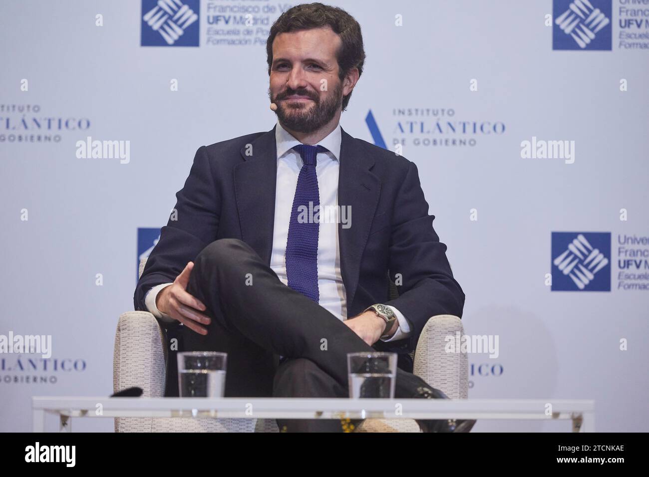 Pozuelo de Alarcón (Comunità di Madrid), 01/28/2020. Aula magna dell'Università Francisco de Vitoria. Incontro di Pablo Casado e José María Aznar nella classe di leadership IADG-UFV. Foto: Guillermo Navarro. ARCHDC. Crediti: Album / Archivo ABC / Guillermo Navarro Foto Stock