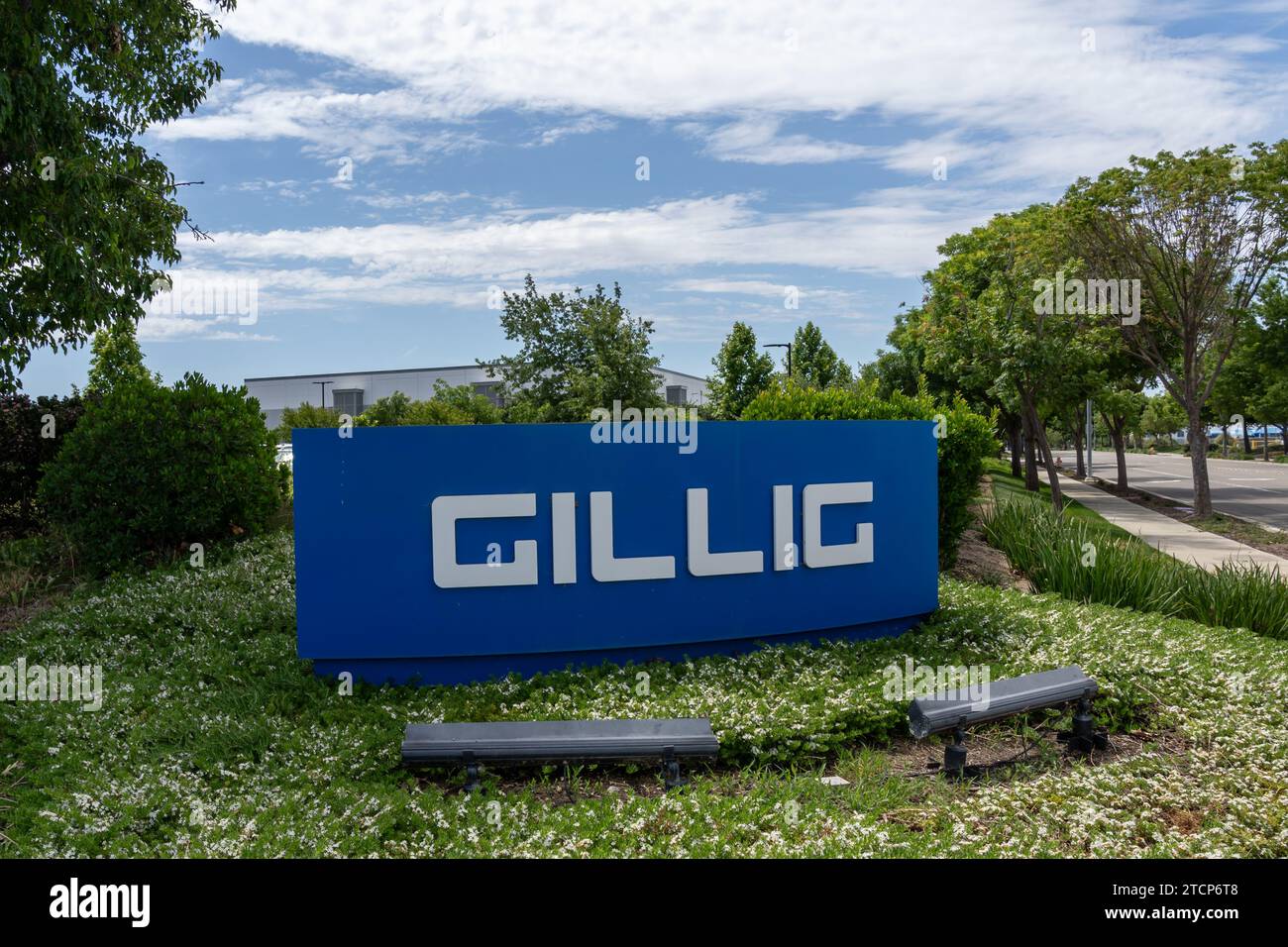 Primo piano del cartello Gillig Ground presso la sede centrale di Livermore, California, USA Foto Stock