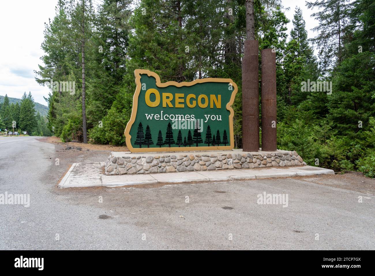 Il cartello di benvenuto dell'Oregon è stato visto. Foto Stock