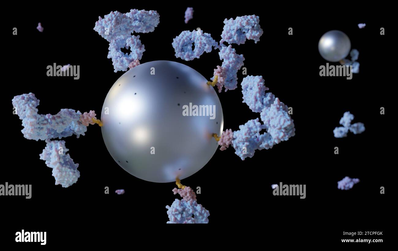 Un rendering 3D ravvicinato delle nanoparticelle magnetiche coniugate con anticorpi. Foto Stock