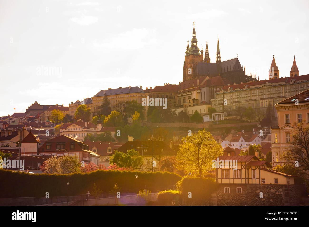 Famoso castello di Hradcany e St Cattedrale di Vito a Praga, Repubblica Ceca (Cechia), al tramonto Foto Stock