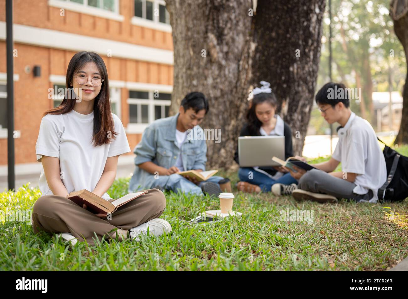Una giovane studentessa asiatica bella e positiva con un libro è seduta sull'erba in un parco universitario con i suoi amici. Educazione e amicizia Foto Stock