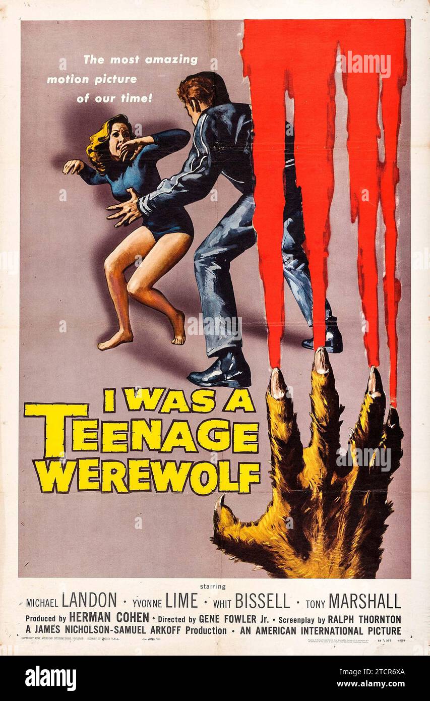 Poster del film d'epoca per il film i Was a Teenage Werewolf (1957) con Michael Landon. Opere d'arte di Reynold Brown - film horror Foto Stock