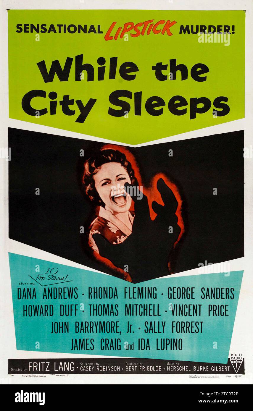 Poster di uscita teatrale per il film del 1956 While the City Sleeps. Fritz Lang - poster del film vintage degli anni '1950 - horror - fantascienza - mostro Foto Stock