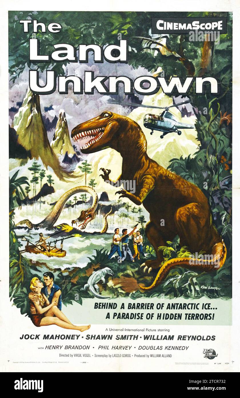 Poster di film d'epoca per il film The Land Unknown 1957 - Hidden Terror - dinosauro T-rex Foto Stock