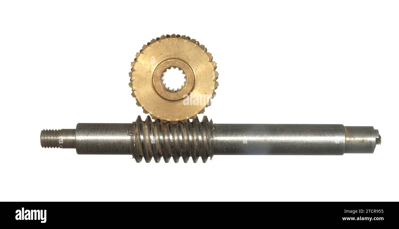 Un ingranaggio in ottone giallo e un albero filettato in acciaio sono collegati per formare un ingranaggio a vite senza fine isolato su uno sfondo bianco. Foto Stock