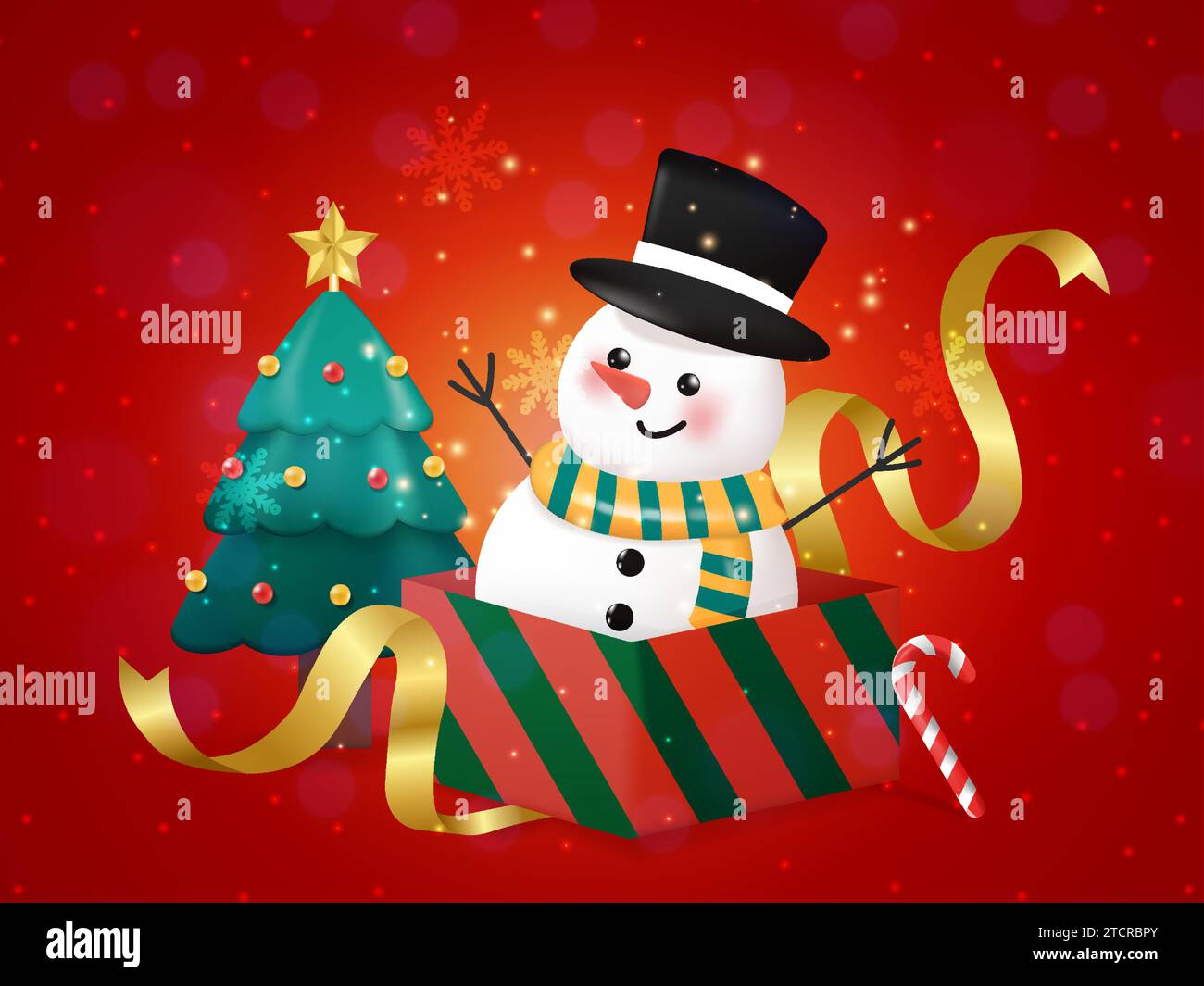 Buon Natale e felice compagno di Natale. Pupazzo di neve, caramelle e albero di Natale nella scena natalizia su sfondo rosso. illustrazione vettoriale. Illustrazione Vettoriale