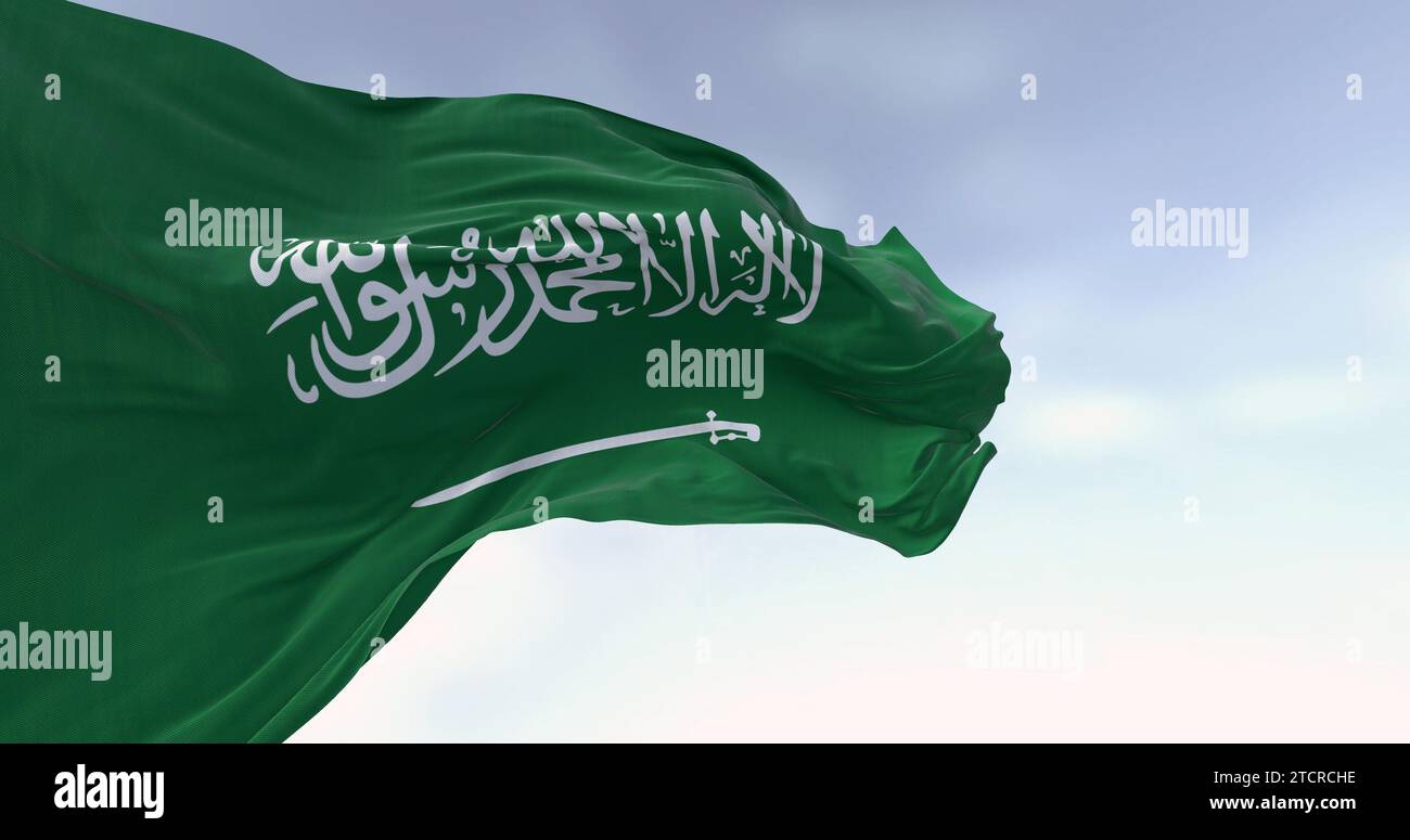 La bandiera nazionale dell'Arabia Saudita sventola al vento in una giornata limpida. Campo verde con Shahada e spada nello script di Thuluth. Tessuto ondulato. 3d illustrazione re Foto Stock