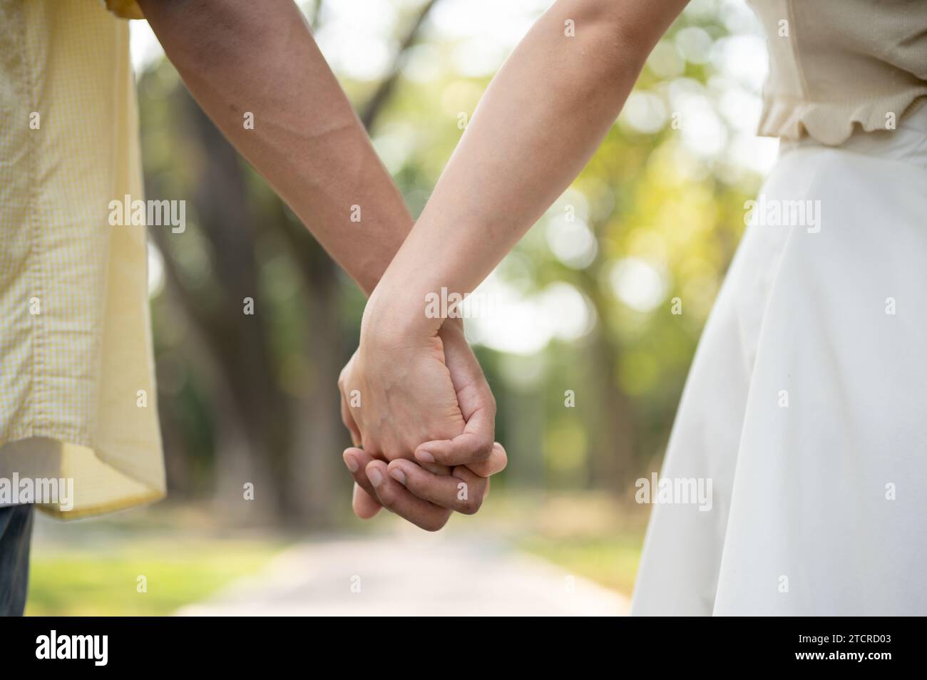 Immagine ravvicinata di una giovane coppia che si tiene per mano mentre cammina in un parco verde in una giornata luminosa. coppia adorabile, relazione, fidanzato e fidanzata Foto Stock