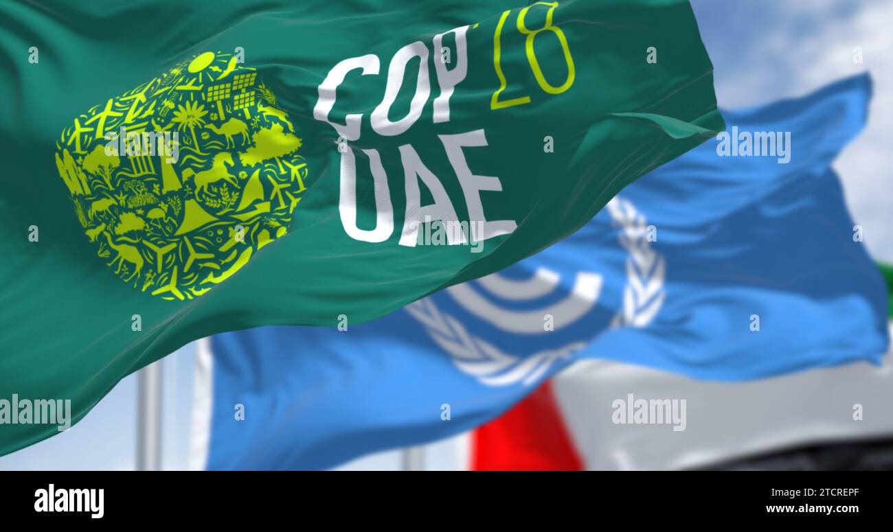 Dubai, Emirati Arabi Uniti, novembre 30 2023: Bandiere della COP28, dell'UNFCCC e degli Emirati Arabi Uniti sventolano in una giornata limpida. rendering dell'illustrazione 3d. Messa a fuoco selettiva. Tessuto ondulato Foto Stock