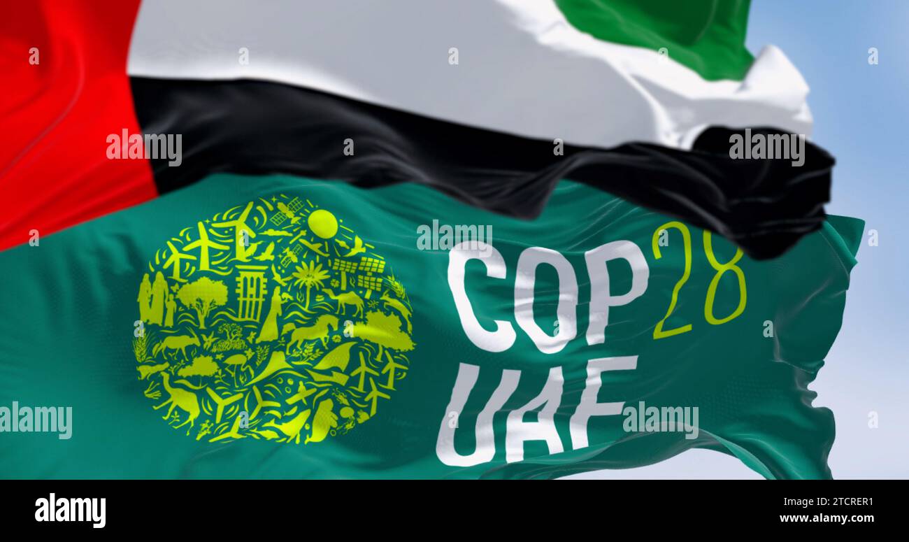 Dubai, Emirati Arabi Uniti, novembre 30 2023: Primo piano delle bandiere COP28 e UAE che sventolano in una giornata limpida. rendering dell'illustrazione 3d. Messa a fuoco selettiva. Tessuto ondulato Foto Stock