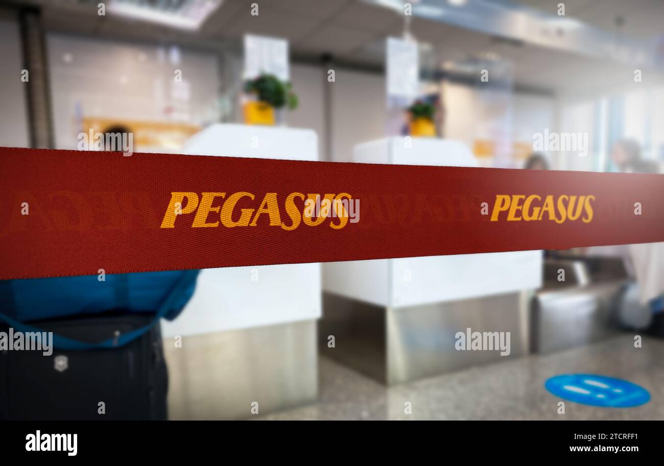 Istanbul, TR, 30 nov. 30 2023: Vivace divisorio rosso della coda con il marchio Pegasus Airlines in grassetto lettere gialle, ben visibile in un'aria sfocata Foto Stock